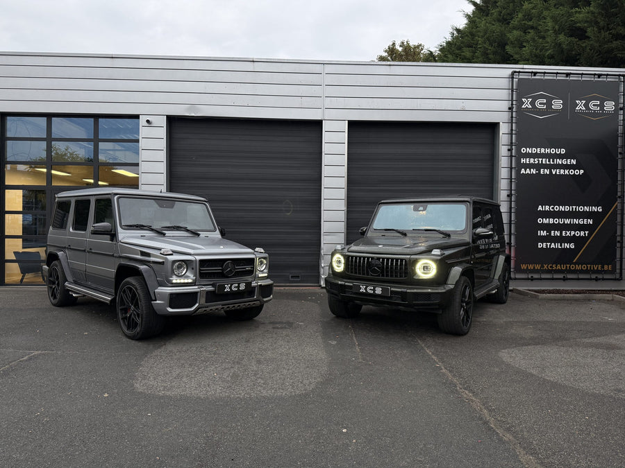 Twee Mercedes G63 voor de garage van XCS Automotive in Merchtem